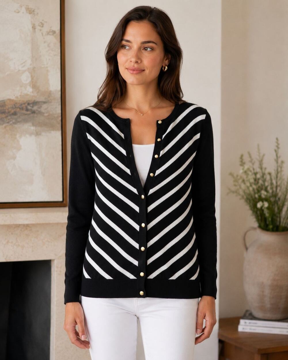 August Silk Heritage Cardigan Sweater M Black White Stripe Gold Buttons Soft